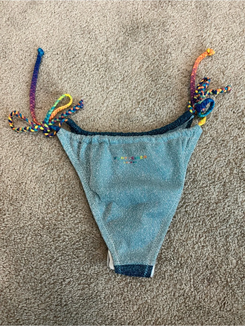 Kurt Geiger London Rainbow String Bikini Bottom Metallic Blue Glitter Size M NWT
